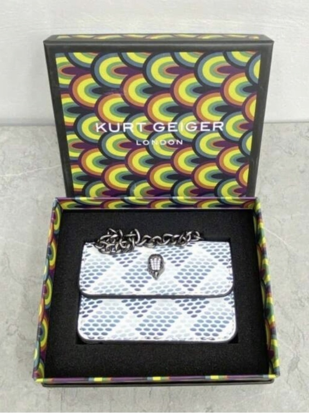 Kurt Geiger Light Blue Patterned Micro Shoulder Bag with Gunmetal Chain